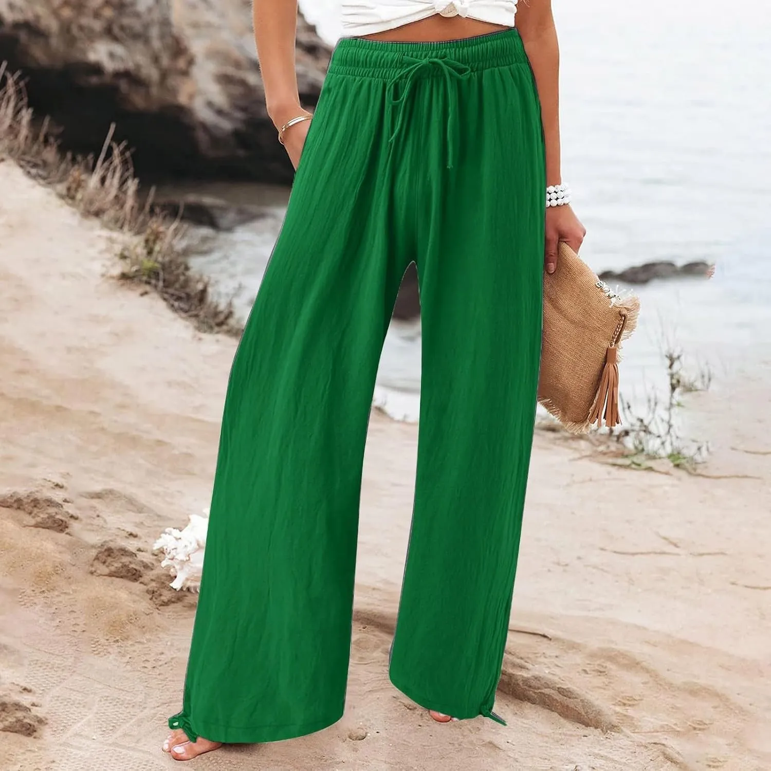 Palazzo Pants for Women Drawstring High Waist Summer Casual Boho Pants Straight Wide Leg Plus Size Loose Fit Trousers