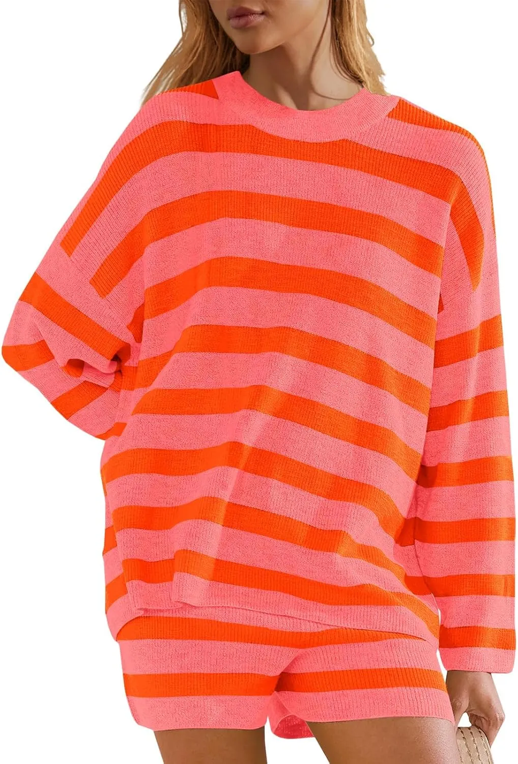 Panadila Womens Striped Sweater Set Oversized Lounge Sets Matching Pajamas Long Sleeve Sweater Top and Shorts