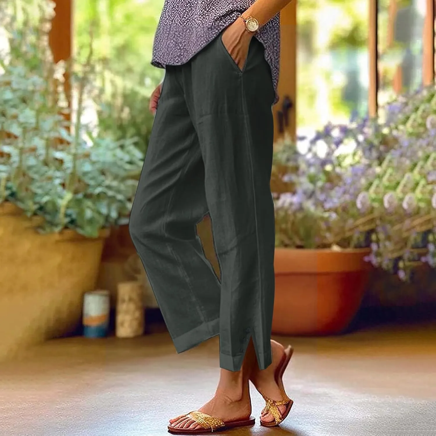 Petite Linen Cotton Pants for Women Summer Work Pants Boho Floral Beach Summer Clother with Pockets 2025