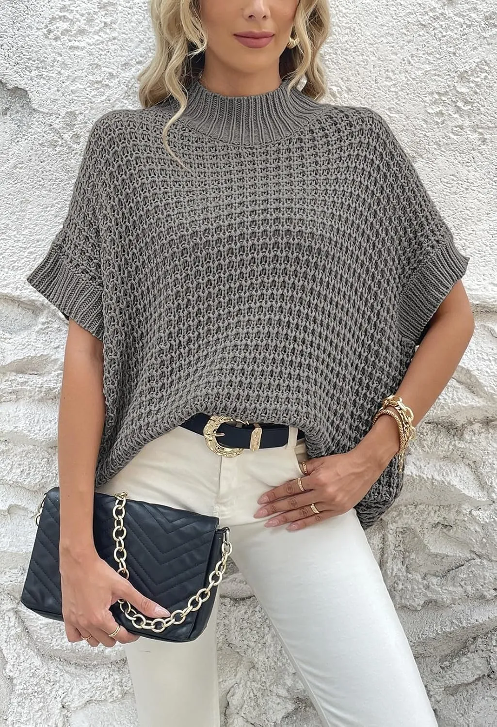 Pink Queen Women's Mock Neck Batwing Short Sleeve Loose Oversized Knit Pullover Sweater Jumper Tops