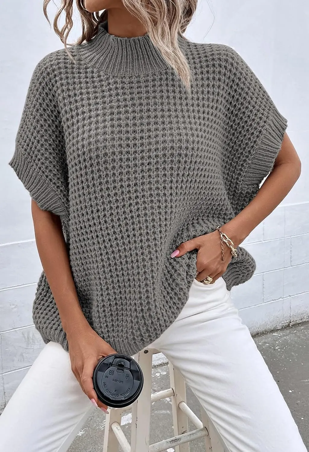 Pink Queen Women's Mock Neck Batwing Short Sleeve Loose Oversized Knit Pullover Sweater Jumper Tops