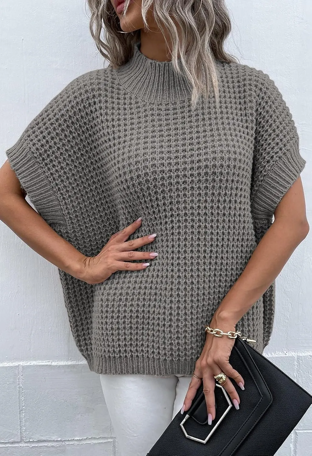 Pink Queen Women's Mock Neck Batwing Short Sleeve Loose Oversized Knit Pullover Sweater Jumper Tops