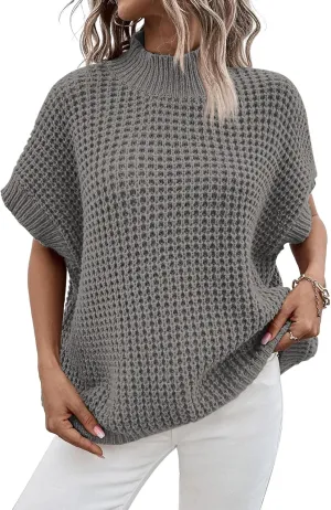 Pink Queen Women's Mock Neck Batwing Short Sleeve Loose Oversized Knit Pullover Sweater Jumper Tops