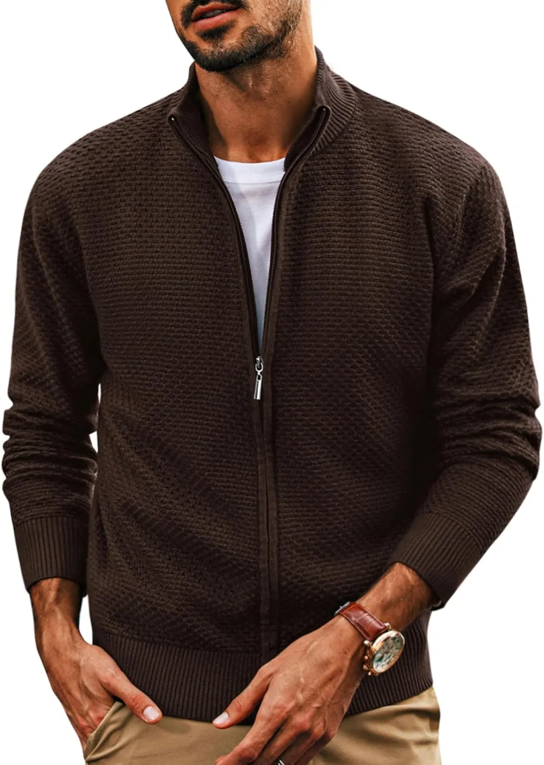 PJ PAUL JONES Men's Full Zip Cardigan Sweaters Casual Stand Collar Cardigan Slim Fit Knitted Sweater