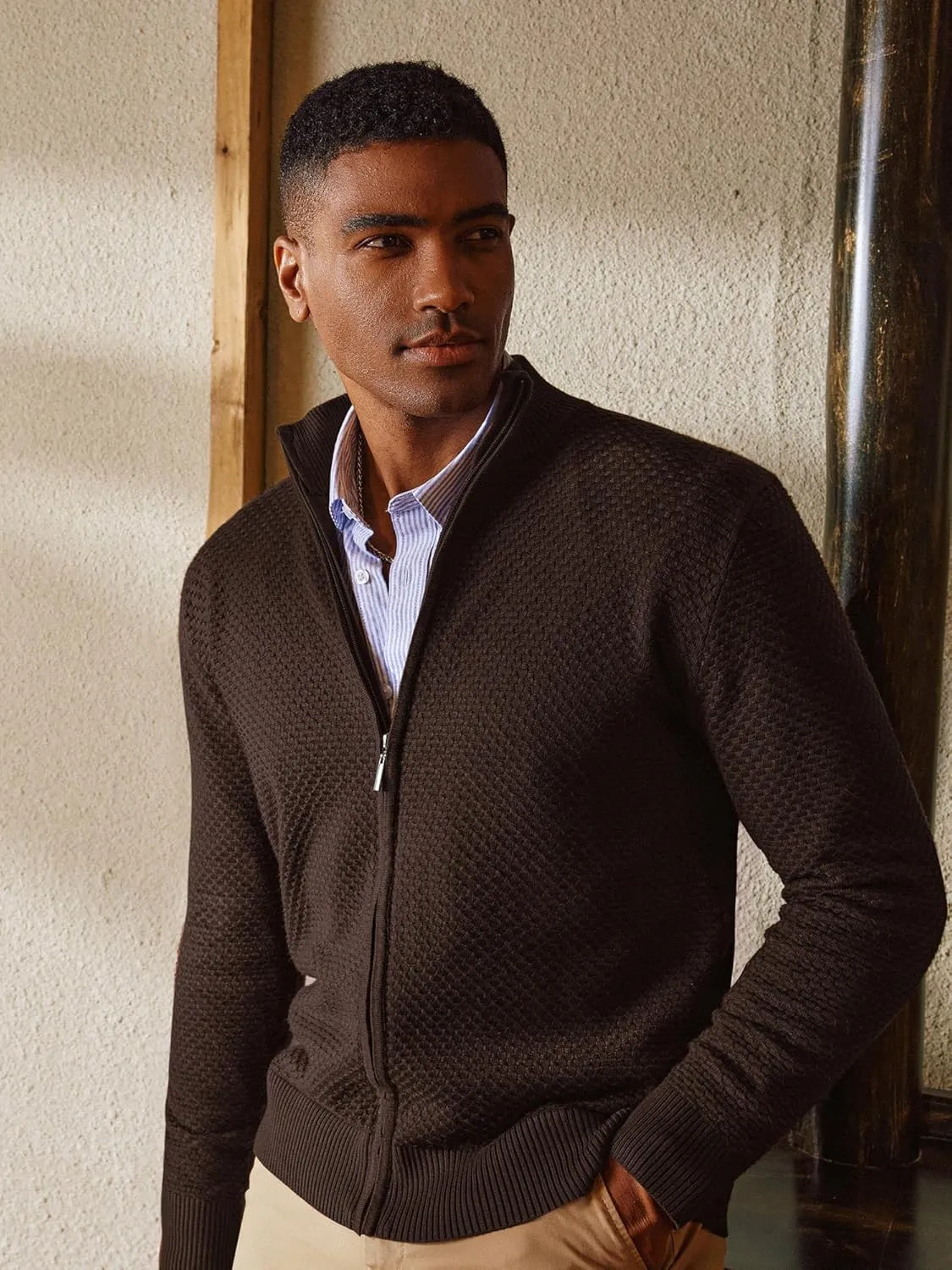 PJ PAUL JONES Men's Full Zip Cardigan Sweaters Casual Stand Collar Cardigan Slim Fit Knitted Sweater
