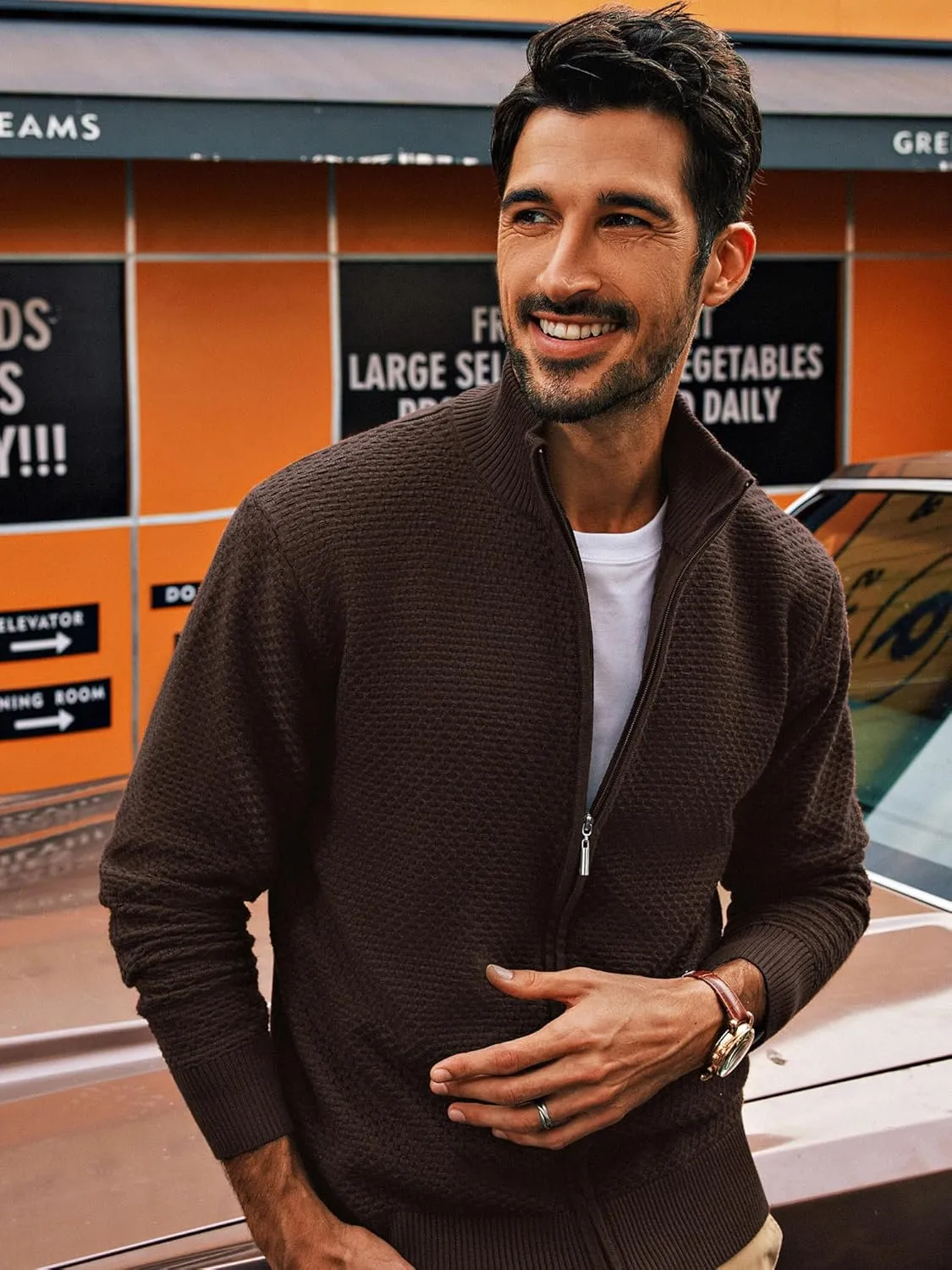 PJ PAUL JONES Men's Full Zip Cardigan Sweaters Casual Stand Collar Cardigan Slim Fit Knitted Sweater
