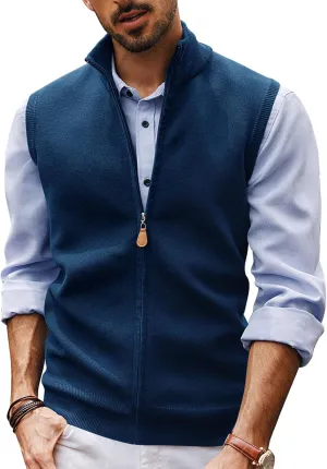 PJ PAUL JONES Mens Sweater Vest Full-Up Knitted Vests Casual Stand Collar Vests Sweater