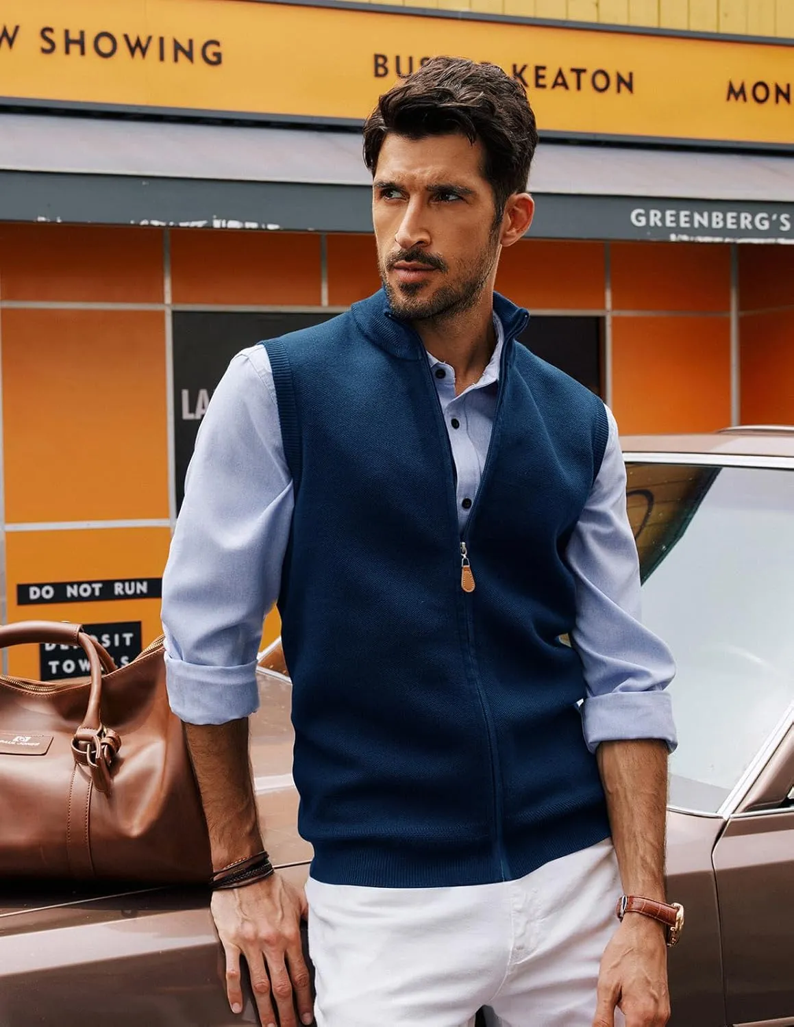 PJ PAUL JONES Mens Sweater Vest Full-Up Knitted Vests Casual Stand Collar Vests Sweater