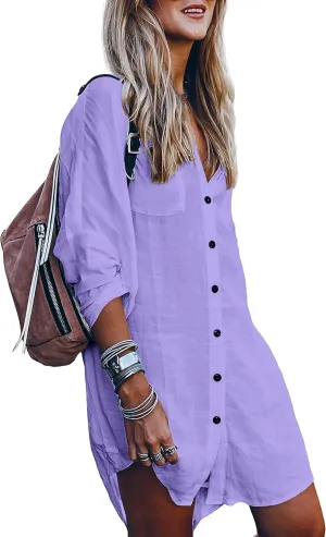 POGTMM Women's Swimsuit Cover Up Summer Beachwear Button Down Shirt Bikini Bathing Suit Beach Coverup Mini Dresses