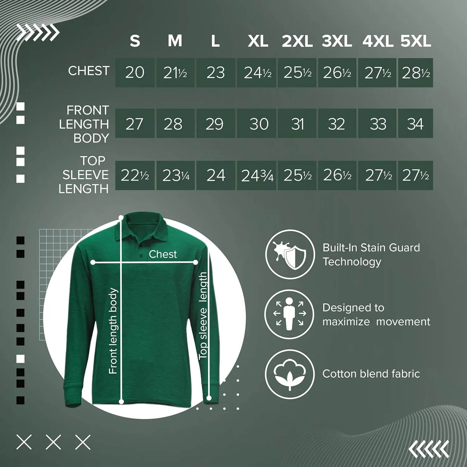 Premium Wear Long Sleeve Polo Shirt for Men, Cotton-Blend Fabric Golf Shirt with Collar, 3-Button Placket, Stain Guard
