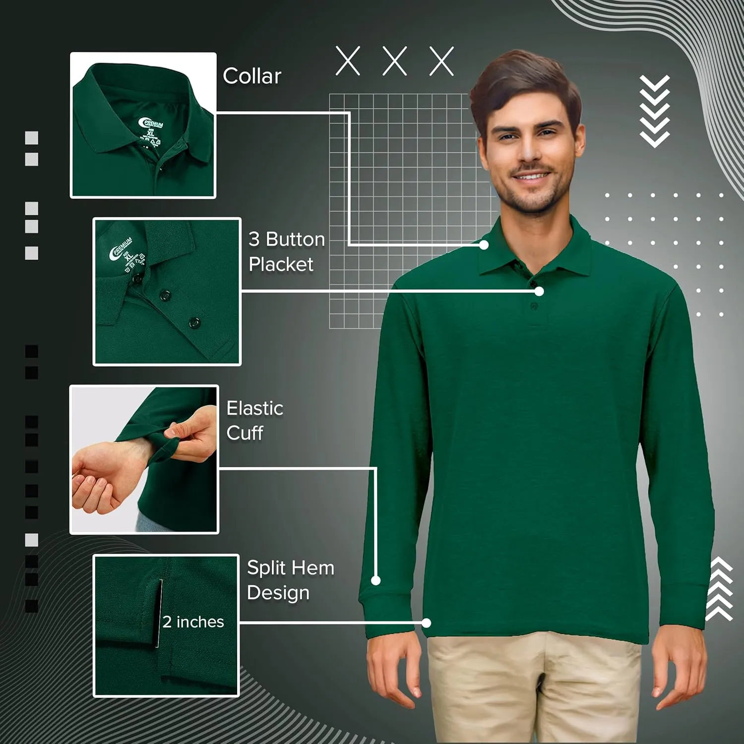 Premium Wear Long Sleeve Polo Shirt for Men, Cotton-Blend Fabric Golf Shirt with Collar, 3-Button Placket, Stain Guard