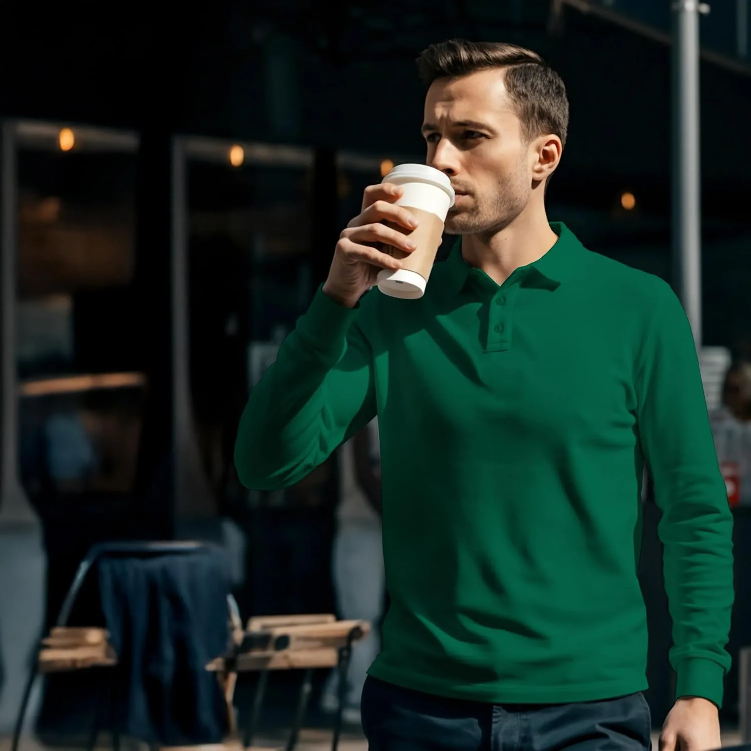 Premium Wear Long Sleeve Polo Shirt for Men, Cotton-Blend Fabric Golf Shirt with Collar, 3-Button Placket, Stain Guard
