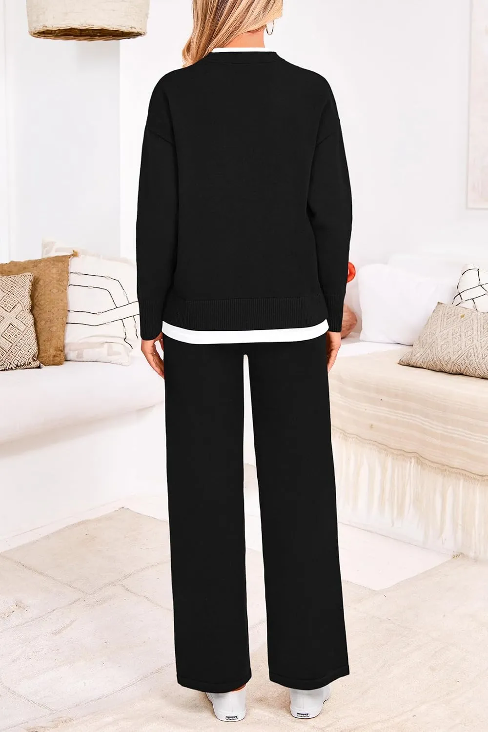 PRETTYGARDEN Women's Winter Two Piece Matching Sweater Lounge Sets Knit Long Sleeve Pullover Tops Wide Leg Pants Tracksuits