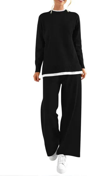 PRETTYGARDEN Women's Winter Two Piece Matching Sweater Lounge Sets Knit Long Sleeve Pullover Tops Wide Leg Pants Tracksuits