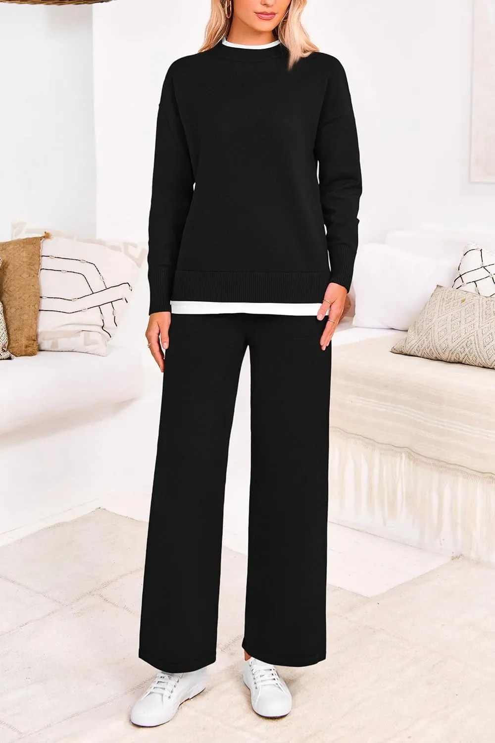 PRETTYGARDEN Women's Winter Two Piece Matching Sweater Lounge Sets Knit Long Sleeve Pullover Tops Wide Leg Pants Tracksuits