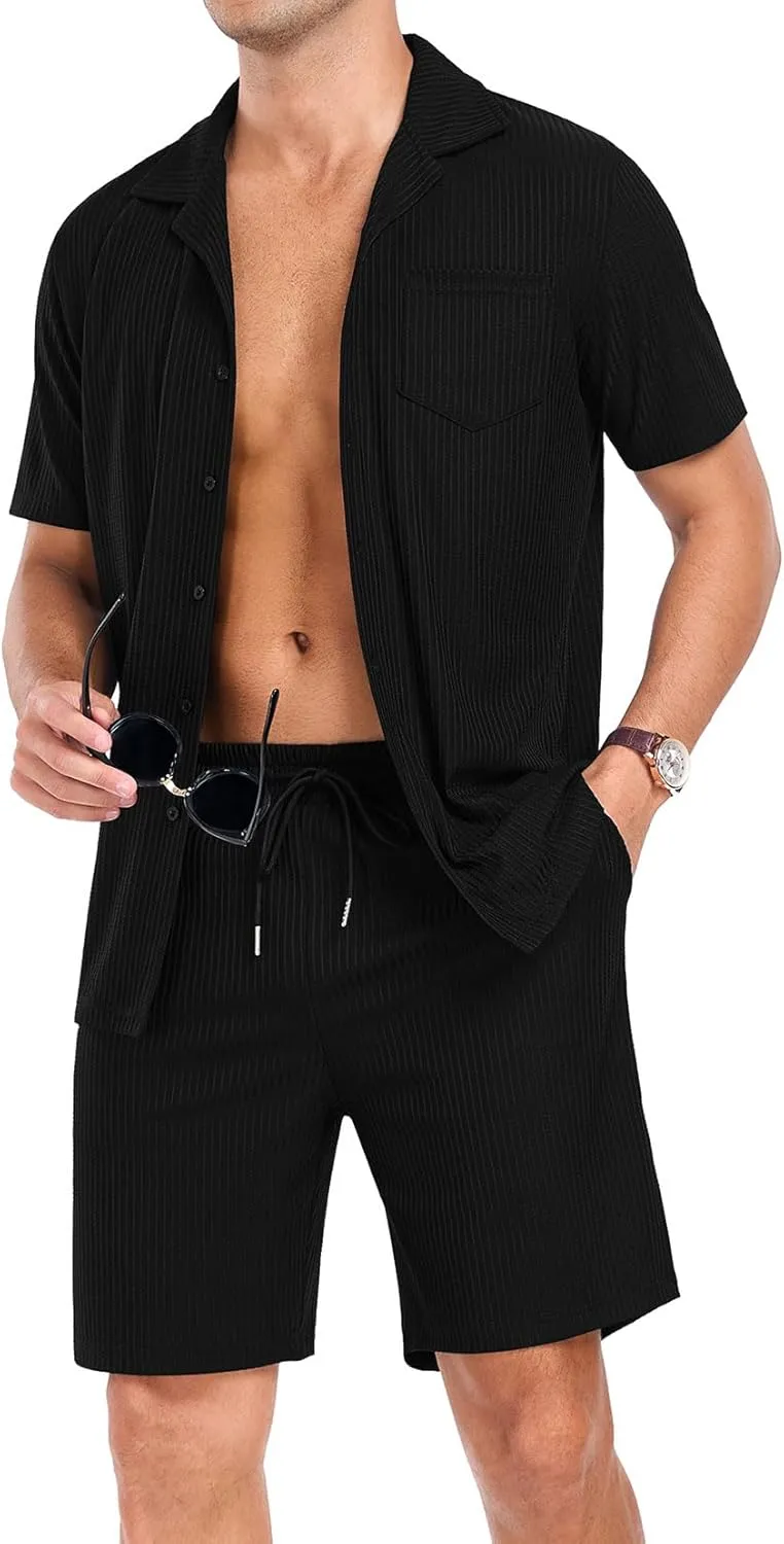 PrinStory Mens Short Sleeve Outfits 2 Piece Summer Beach Button Down Shirts and Shorts Set Tracksuit with Pockets