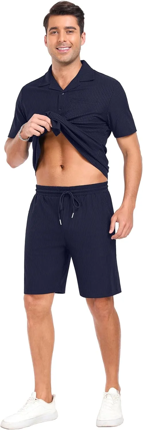 PrinStory Mens Short Sleeve Outfits 2 Piece Summer Beach Button Down Shirts and Shorts Set Tracksuit with Pockets