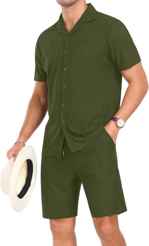 PrinStory Mens Short Sleeve Outfits 2 Piece Summer Beach Button Down Shirts and Shorts Set Tracksuit with Pockets