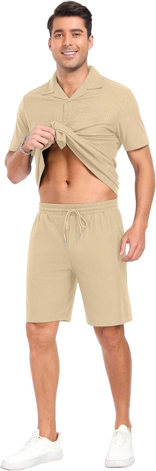 PrinStory Mens Short Sleeve Outfits 2 Piece Summer Beach Button Down Shirts and Shorts Set Tracksuit with Pockets