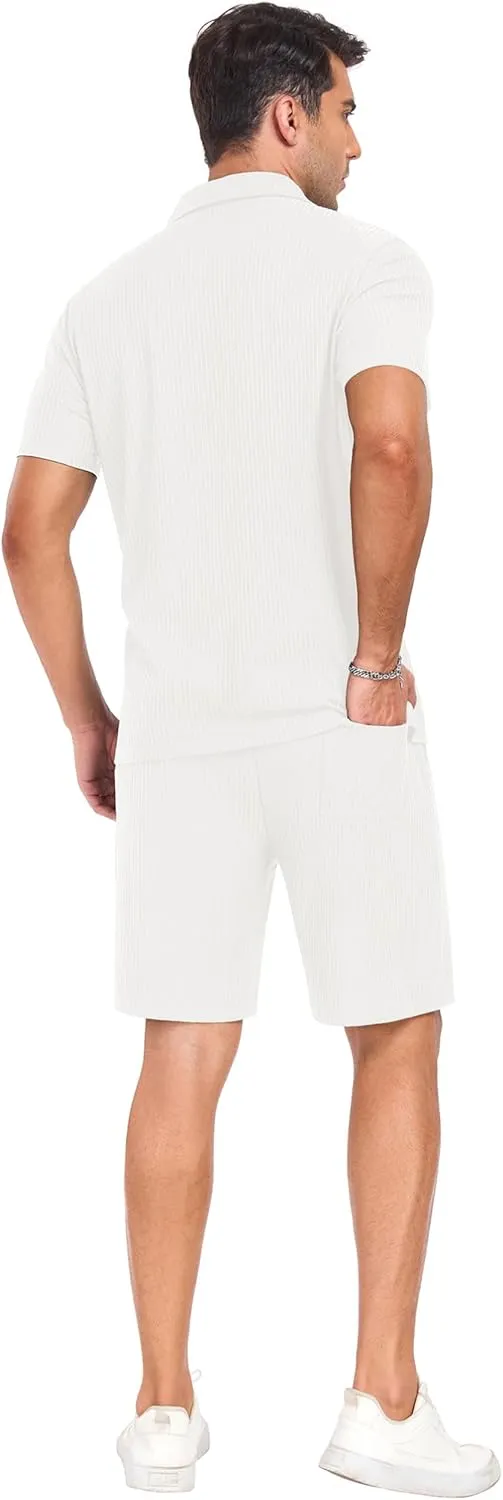 PrinStory Mens Short Sleeve Outfits 2 Piece Summer Beach Button Down Shirts and Shorts Set Tracksuit with Pockets