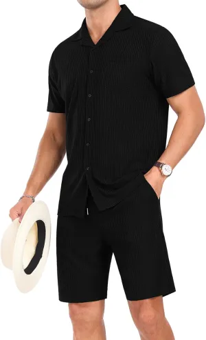 PrinStory Mens Short Sleeve Outfits 2 Piece Summer Beach Button Down Shirts and Shorts Set Tracksuit with Pockets