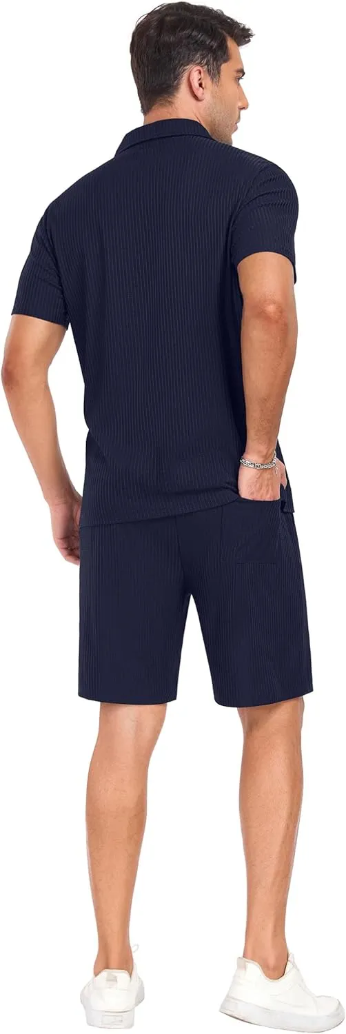 PrinStory Mens Short Sleeve Outfits 2 Piece Summer Beach Button Down Shirts and Shorts Set Tracksuit with Pockets