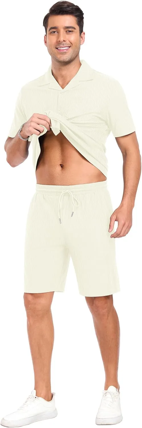 PrinStory Mens Short Sleeve Outfits 2 Piece Summer Beach Button Down Shirts and Shorts Set Tracksuit with Pockets