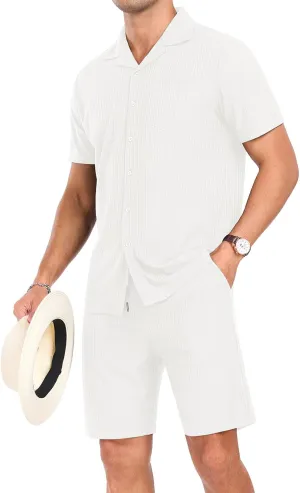 PrinStory Mens Short Sleeve Outfits 2 Piece Summer Beach Button Down Shirts and Shorts Set Tracksuit with Pockets
