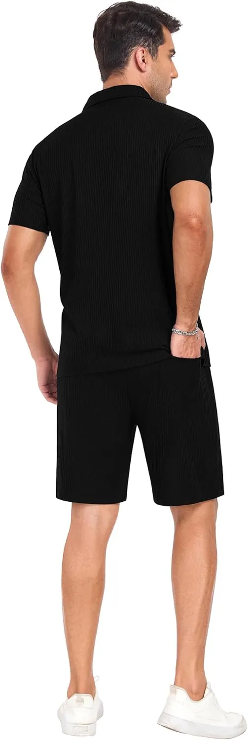 PrinStory Mens Short Sleeve Outfits 2 Piece Summer Beach Button Down Shirts and Shorts Set Tracksuit with Pockets