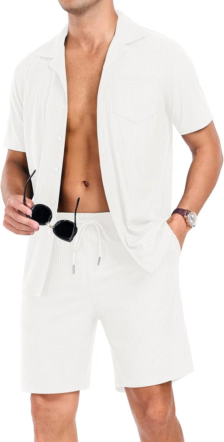 PrinStory Mens Short Sleeve Outfits 2 Piece Summer Beach Button Down Shirts and Shorts Set Tracksuit with Pockets