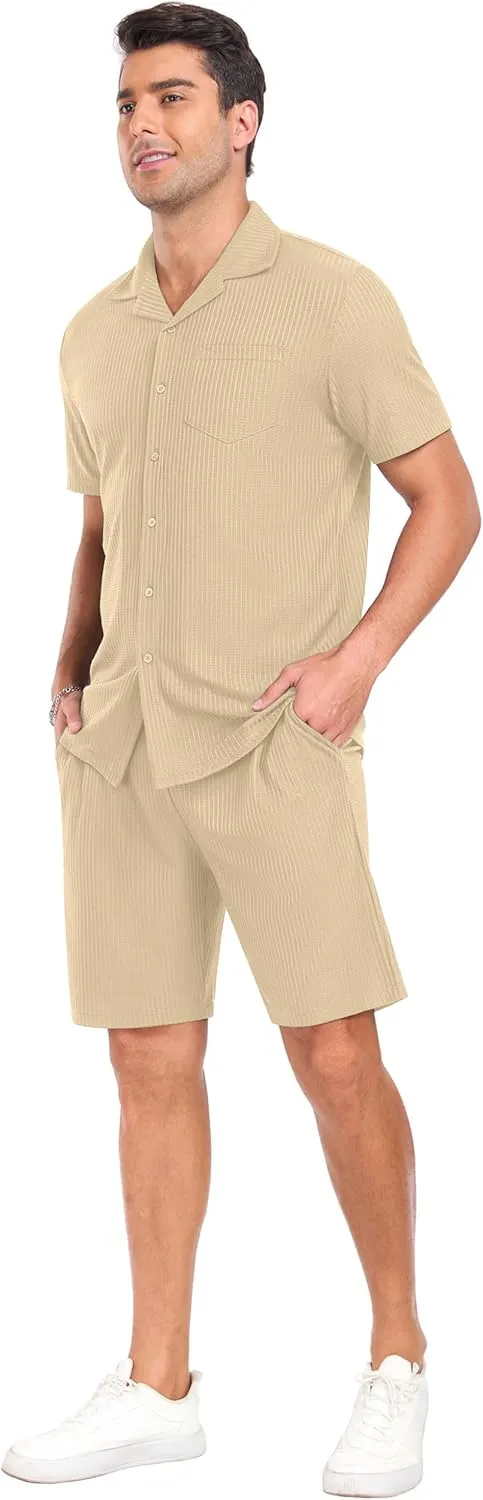 PrinStory Mens Short Sleeve Outfits 2 Piece Summer Beach Button Down Shirts and Shorts Set Tracksuit with Pockets