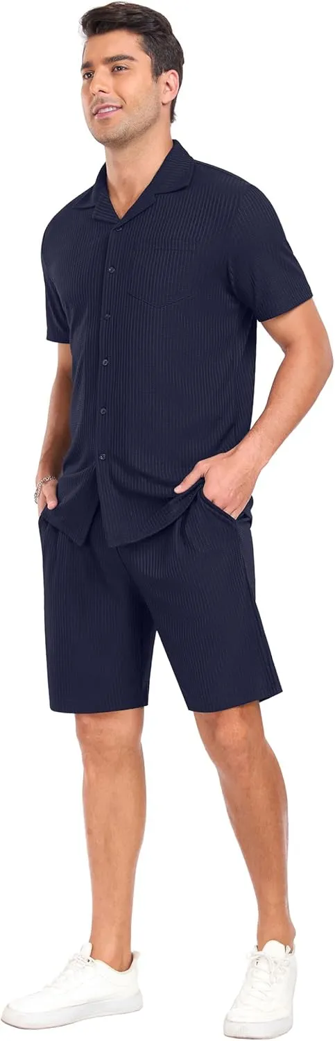 PrinStory Mens Short Sleeve Outfits 2 Piece Summer Beach Button Down Shirts and Shorts Set Tracksuit with Pockets