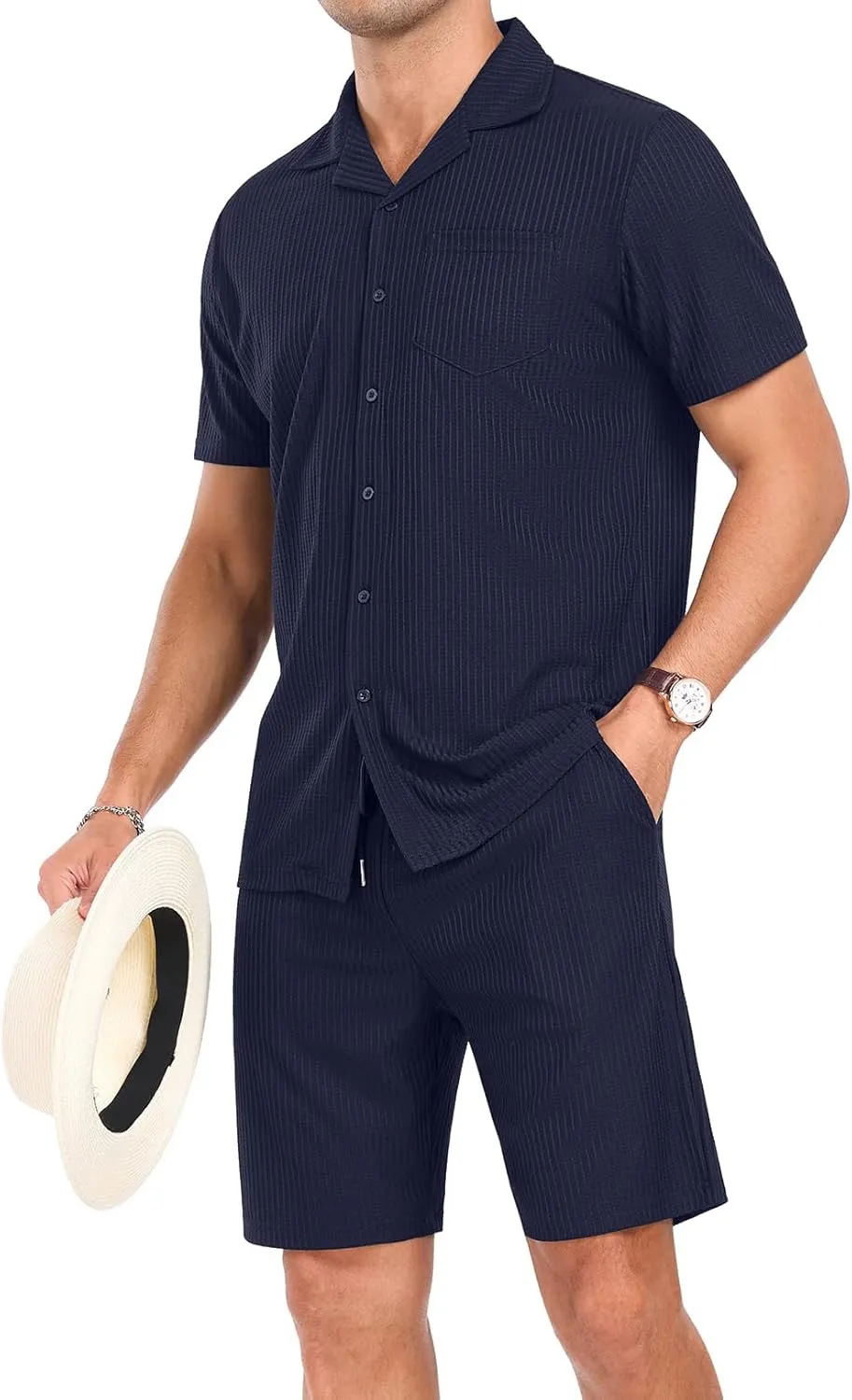 PrinStory Mens Short Sleeve Outfits 2 Piece Summer Beach Button Down Shirts and Shorts Set Tracksuit with Pockets
