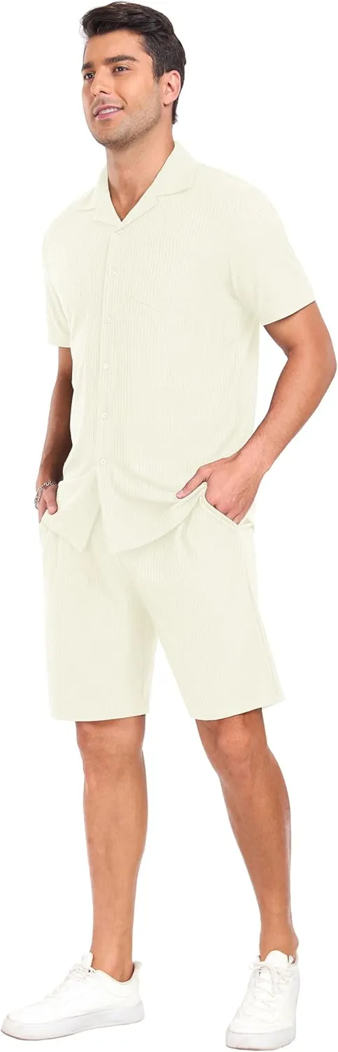 PrinStory Mens Short Sleeve Outfits 2 Piece Summer Beach Button Down Shirts and Shorts Set Tracksuit with Pockets