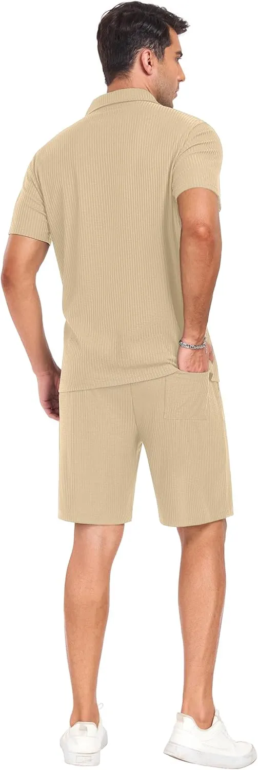 PrinStory Mens Short Sleeve Outfits 2 Piece Summer Beach Button Down Shirts and Shorts Set Tracksuit with Pockets
