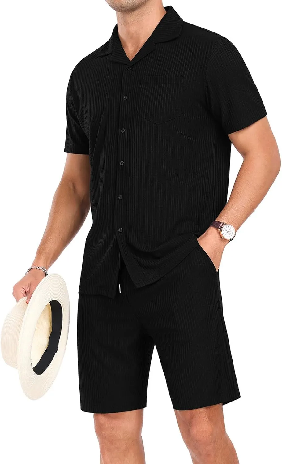 PrinStory Mens Short Sleeve Outfits 2 Piece Summer Beach Button Down Shirts and Shorts Set Tracksuit with Pockets