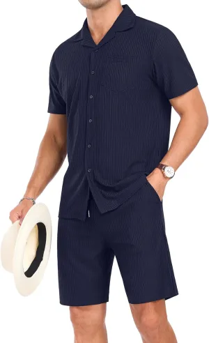 PrinStory Mens Short Sleeve Outfits 2 Piece Summer Beach Button Down Shirts and Shorts Set Tracksuit with Pockets