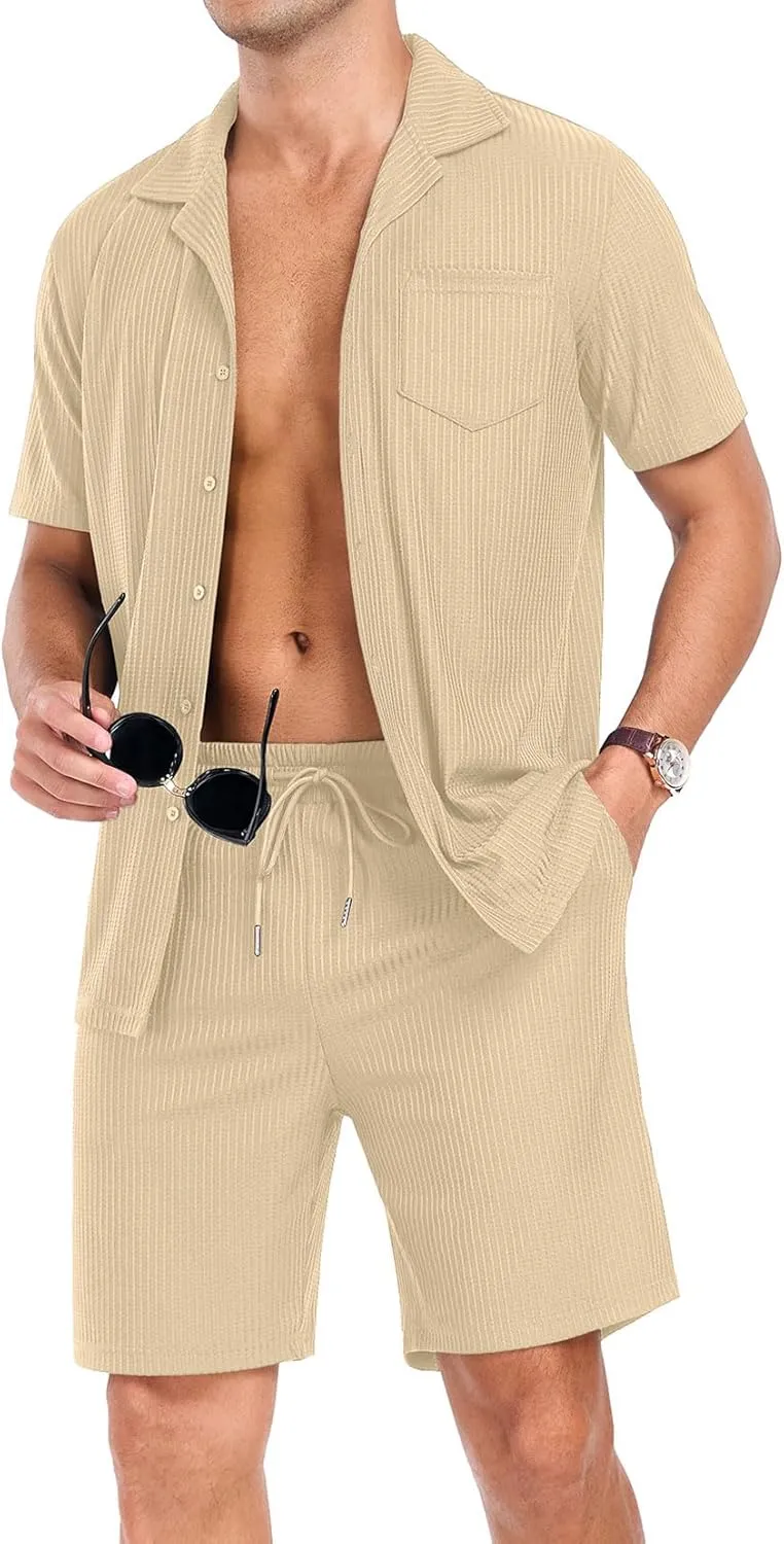 PrinStory Mens Short Sleeve Outfits 2 Piece Summer Beach Button Down Shirts and Shorts Set Tracksuit with Pockets
