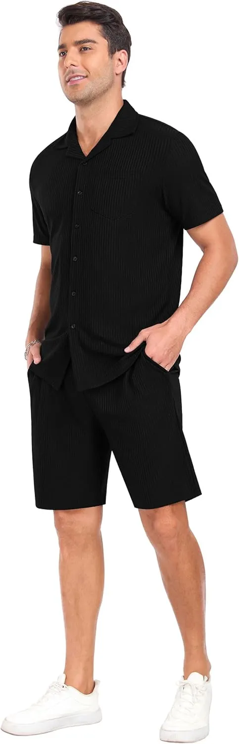 PrinStory Mens Short Sleeve Outfits 2 Piece Summer Beach Button Down Shirts and Shorts Set Tracksuit with Pockets
