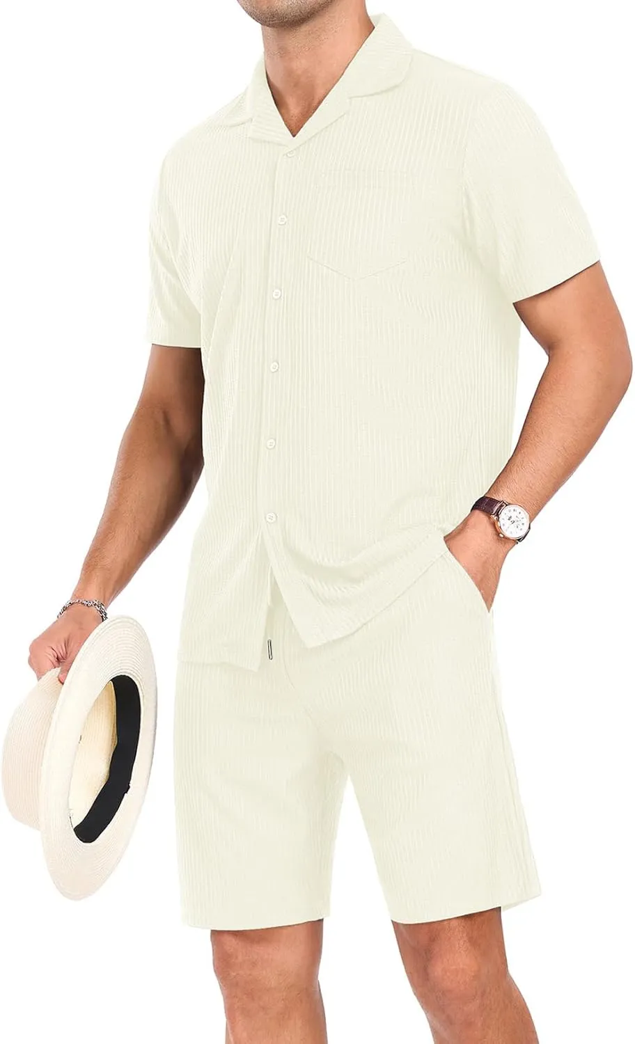 PrinStory Mens Short Sleeve Outfits 2 Piece Summer Beach Button Down Shirts and Shorts Set Tracksuit with Pockets