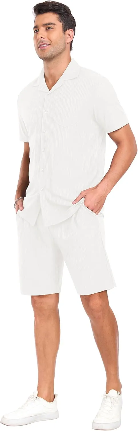 PrinStory Mens Short Sleeve Outfits 2 Piece Summer Beach Button Down Shirts and Shorts Set Tracksuit with Pockets