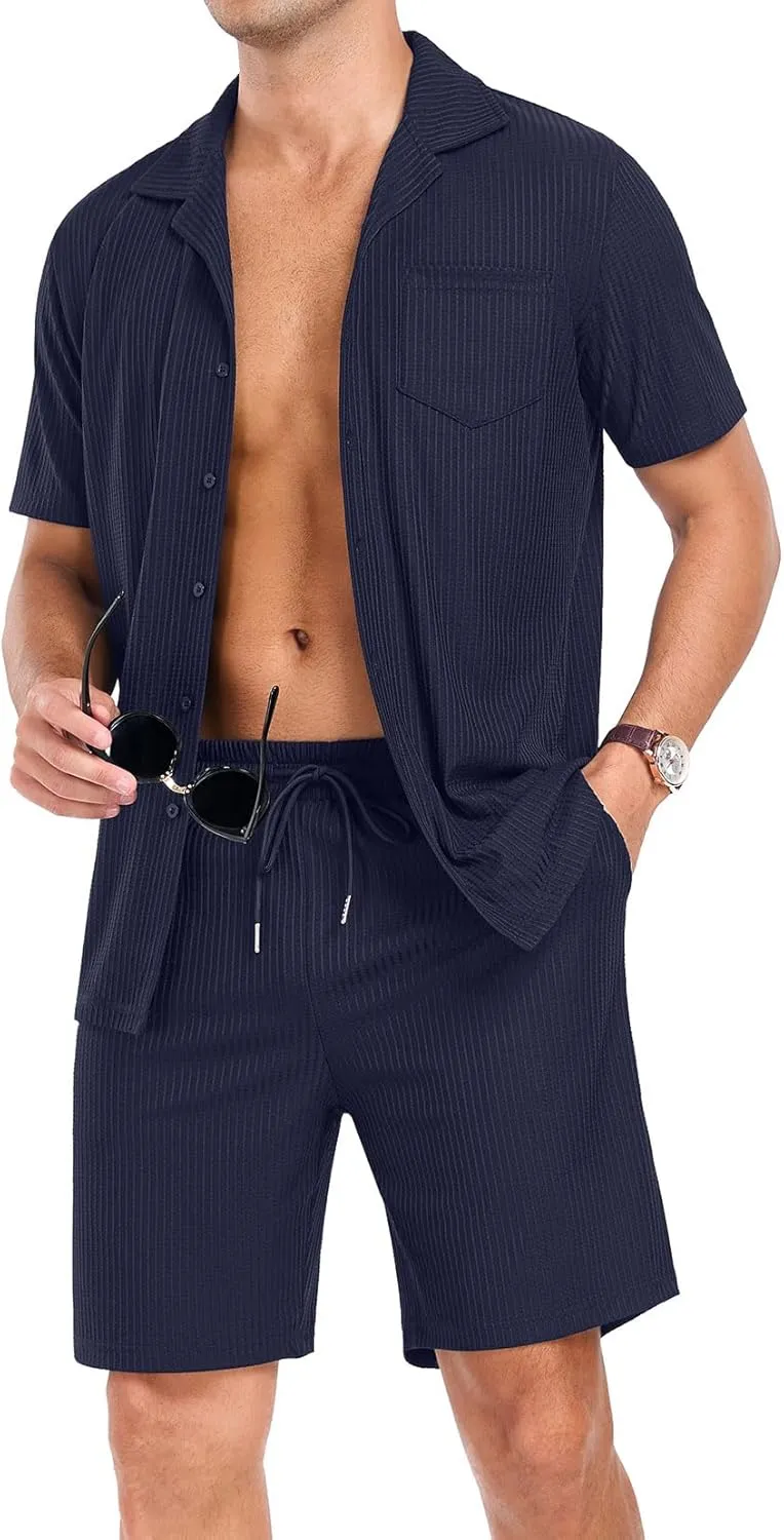 PrinStory Mens Short Sleeve Outfits 2 Piece Summer Beach Button Down Shirts and Shorts Set Tracksuit with Pockets