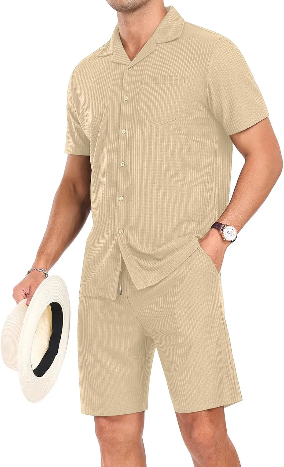 PrinStory Mens Short Sleeve Outfits 2 Piece Summer Beach Button Down Shirts and Shorts Set Tracksuit with Pockets