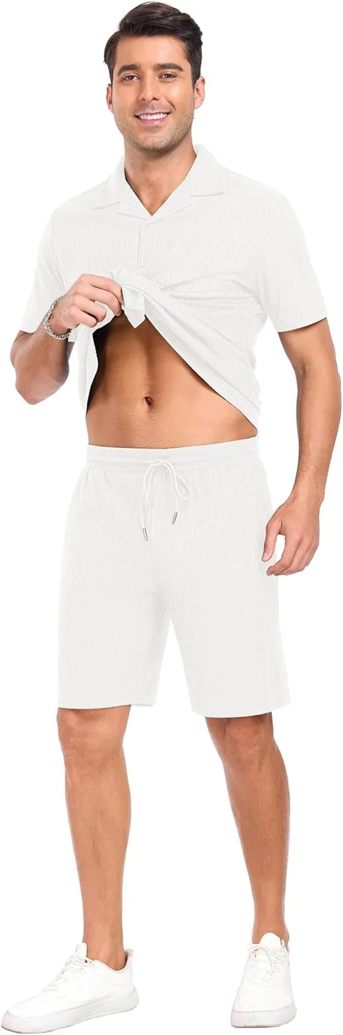 PrinStory Mens Short Sleeve Outfits 2 Piece Summer Beach Button Down Shirts and Shorts Set Tracksuit with Pockets
