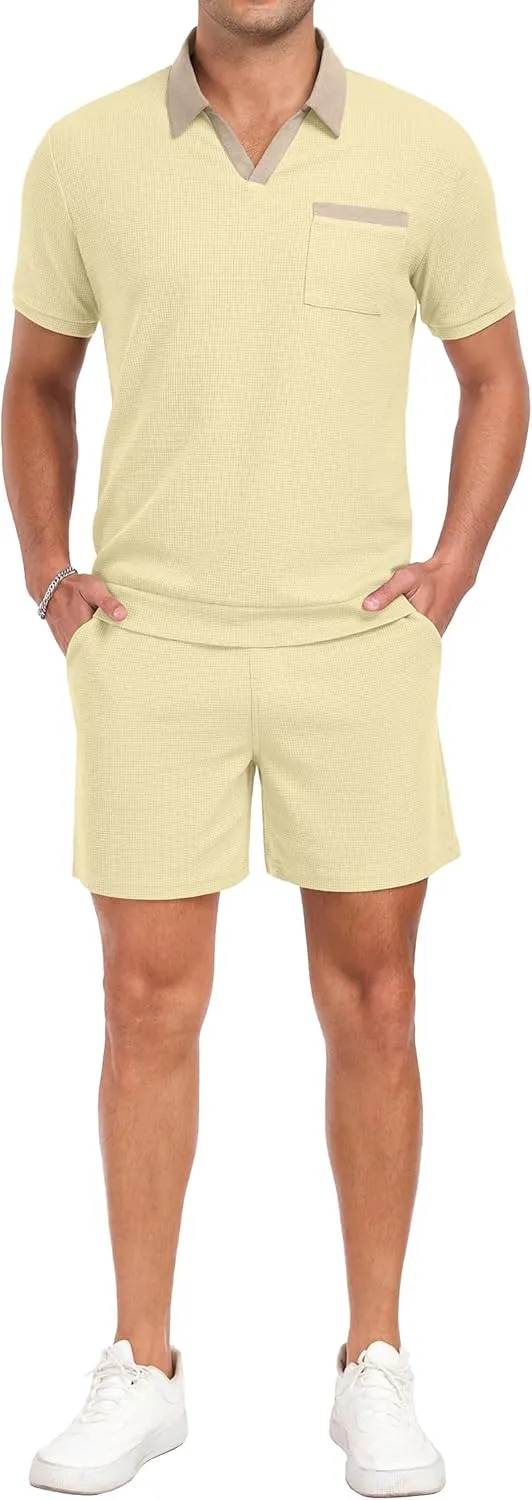 PrinStory Men's Summer Track Suits Waffle Knit Polo Shirt and Shorts Set Casual 2 Pieces Outfits with Pockets