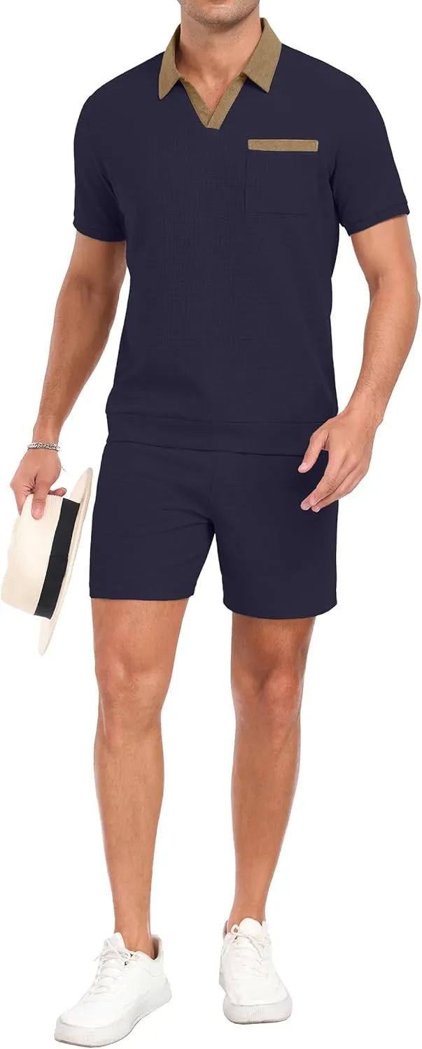 PrinStory Men's Summer Track Suits Waffle Knit Polo Shirt and Shorts Set Casual 2 Pieces Outfits with Pockets
