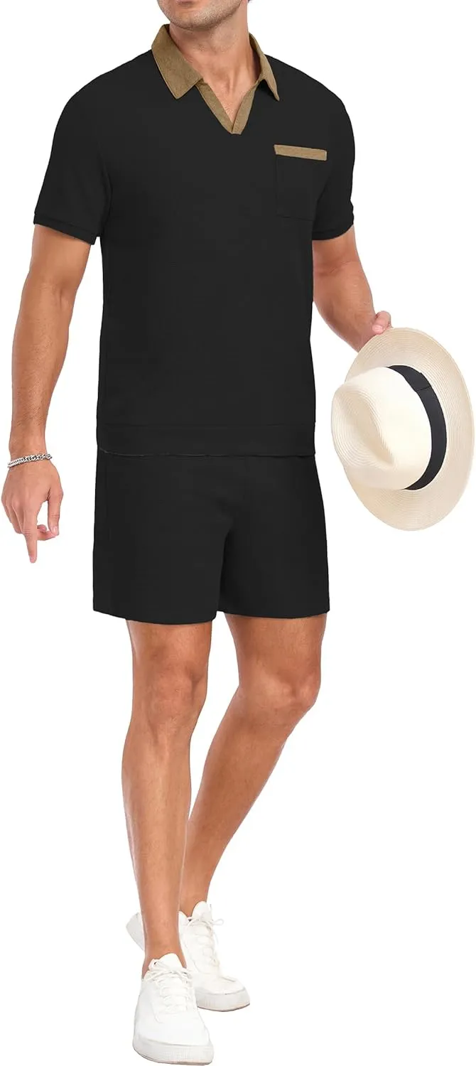 PrinStory Men's Summer Track Suits Waffle Knit Polo Shirt and Shorts Set Casual 2 Pieces Outfits with Pockets