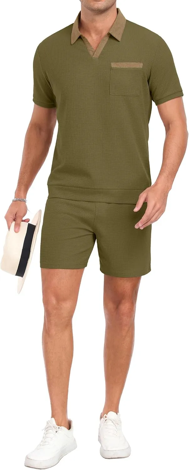 PrinStory Men's Summer Track Suits Waffle Knit Polo Shirt and Shorts Set Casual 2 Pieces Outfits with Pockets