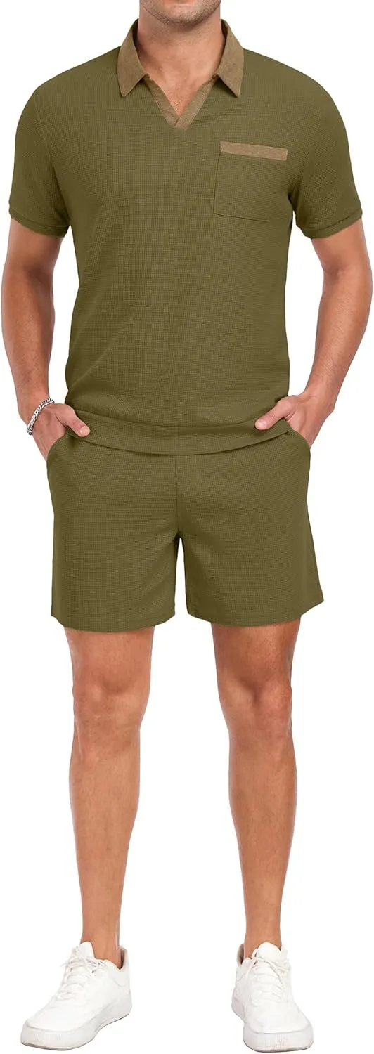 PrinStory Men's Summer Track Suits Waffle Knit Polo Shirt and Shorts Set Casual 2 Pieces Outfits with Pockets
