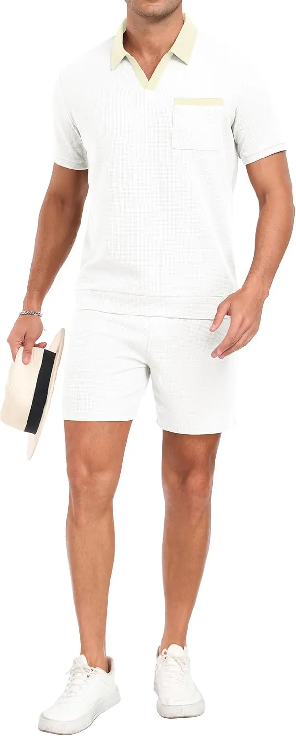 PrinStory Men's Summer Track Suits Waffle Knit Polo Shirt and Shorts Set Casual 2 Pieces Outfits with Pockets